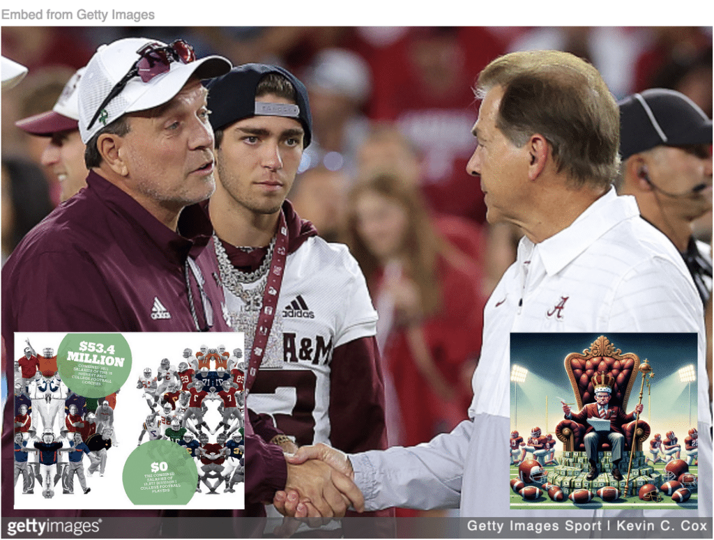Jimbo Fisher of Texas A&M shaking hands with Nick Saban of Alabama with cartoon depicting football coaches making millions off players who get nothing.