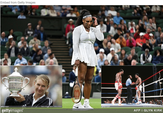 Serena Williams losing at Wimbledon with Steffi Graf and Muhammad Ali inset.