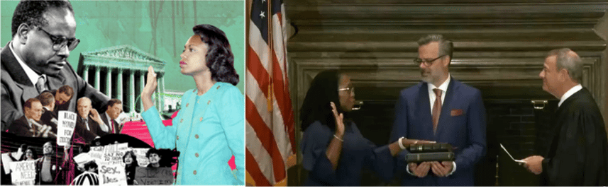 Montage of confirmation hearing for Clarence Thomas and swearing in of Ketanji Brown Jackson