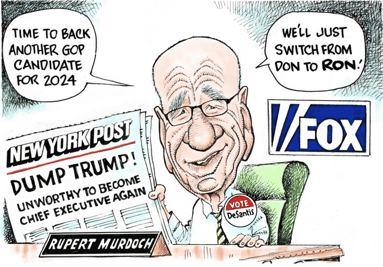 cartoon of rupert murdoch holding cover of ny post with headling dump trump