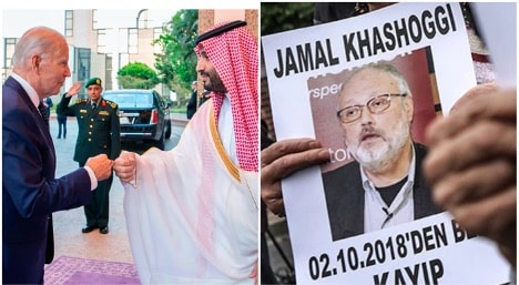 Biden and crown prince fist bump next to man holding image of Khashoggi