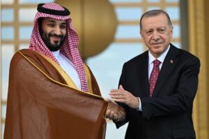 President Erdogan shaking hands with Crown Prince Mohammed bin Salman