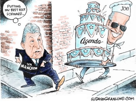 cartoon of Manchin preparing to trip Biden carrying layered cake labeled agenda