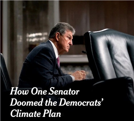 Joe Manchin sitting alone with inscription that he doomed climate plan