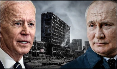 Biden and Putin with Ukraine reduced to rubble in the background