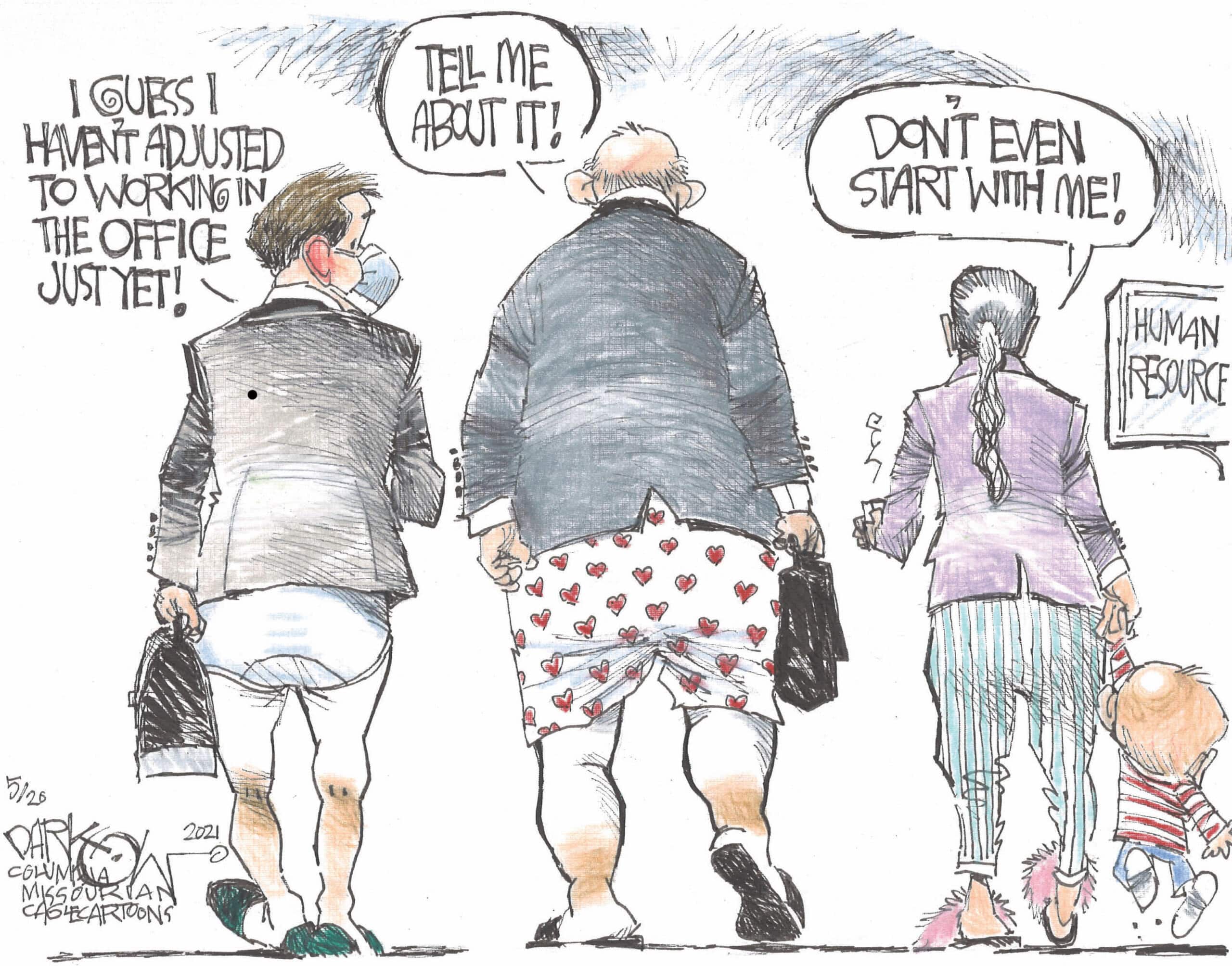 cartoon of two men a woman walking to work wearing jackets but only their underwear because they have become so accustomed to working from home