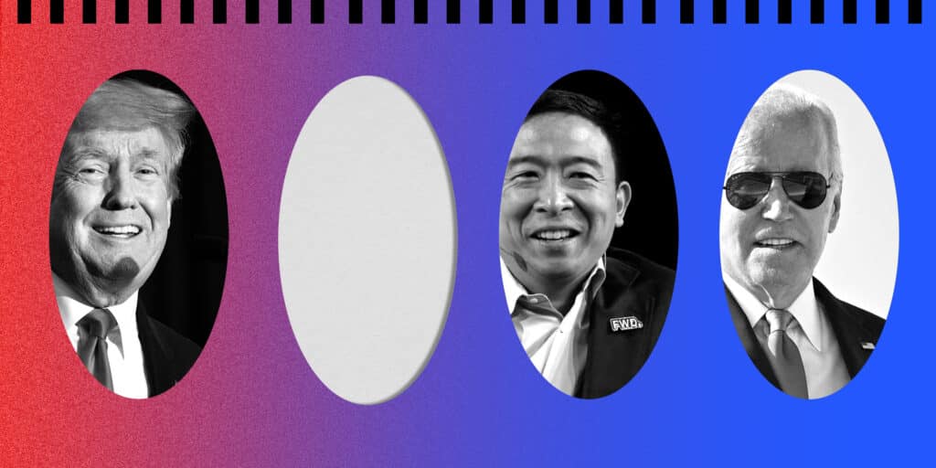 Andrew Yang with Donald Trump and Joe Biden with open space for another third party candidate 