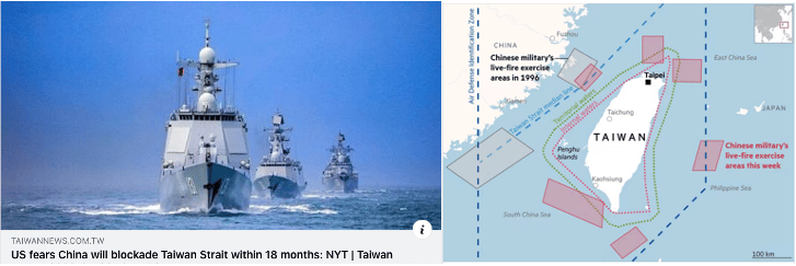 chinese ships in taiwan strait and map show blockade of taiwan