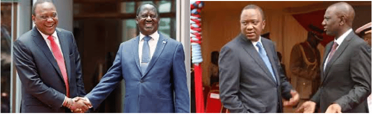 President Kenyatta shaking hands with Odinga but appearing to snub his deputy Ruto