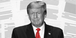 Image of Trump superimposed over pages of DOJ affidavit