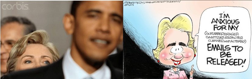 Barack Obama with Hillary peering over his right shoulder next to cartoon of Hillary about her email server scandal