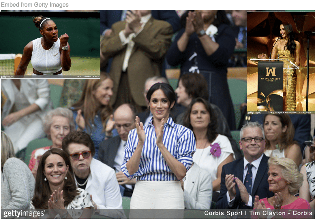 Meghan Markle and Kate Middleton cheering Serena at Wimbledon with Serena on court and Meghan giving speech at Ms gala inset.