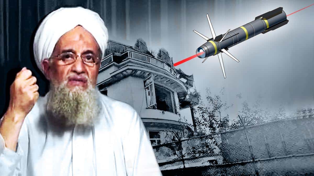 cartoon of drone striking balcony where ayman al-zawahiri was standing when he was killed