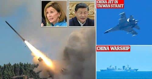 Nancy Pelosi and Xi Jinpin with images of military drills over Taiwan Strait to protest her visit