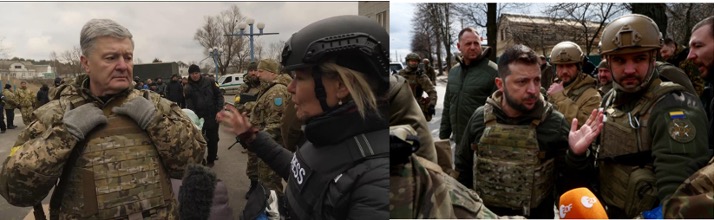 Poroshenko and Zelensky meeting press in war zone