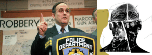 Giuliani as mayor and Adams with images superimposed showing him as crimefighter