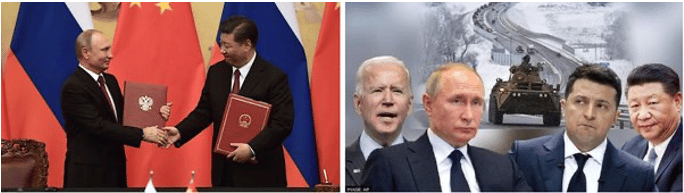 Putin and Xi shaking hands and image of Putin vs Zelensky and Biden vs Xi with image of Ukraine in background