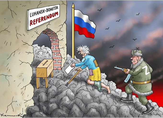 Cartoon showing Russian solding forcing Ukrainian riddled with bullets to vote in sham referendum to become part of Russia