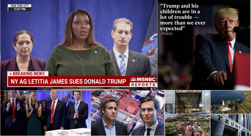 collage of Letitia James, Donal Trump and family, Michael Cohen and Jared Kushner