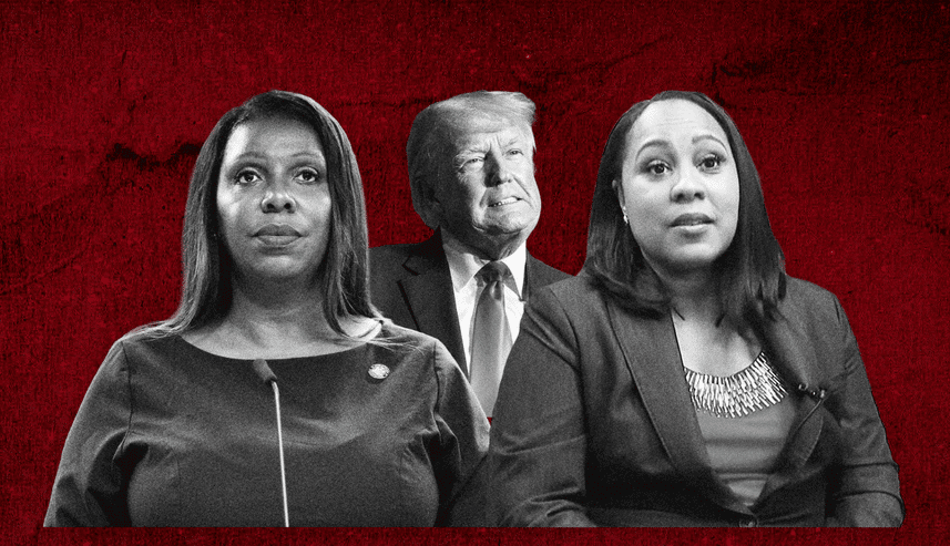 Letitia James and Fani Willis with Trump between them