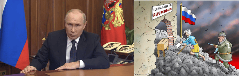 Putin next to cartoon of Russian soldier forcing Ukrainians to vote in sham referendums