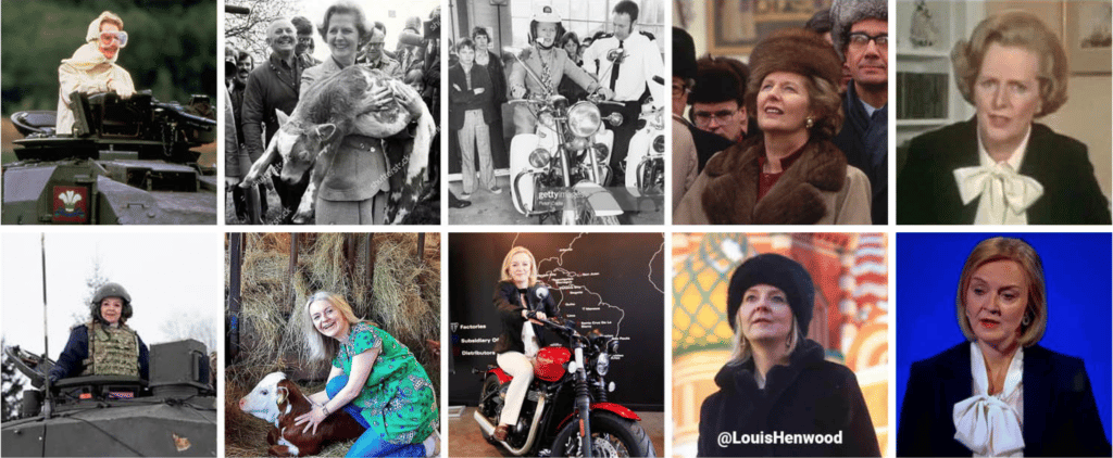 collage of photos of Liz Truss copying style of Margaret Thatcher