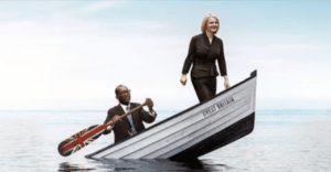 Liz-Truss standing like George Washington as Kwasi Kwarteng is paddling a sinking boat