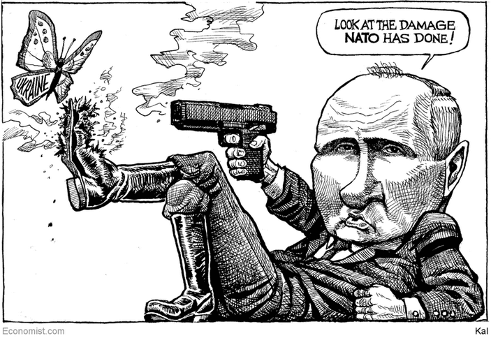 cartoon showing putin shooting himself in foot and blaming NATO