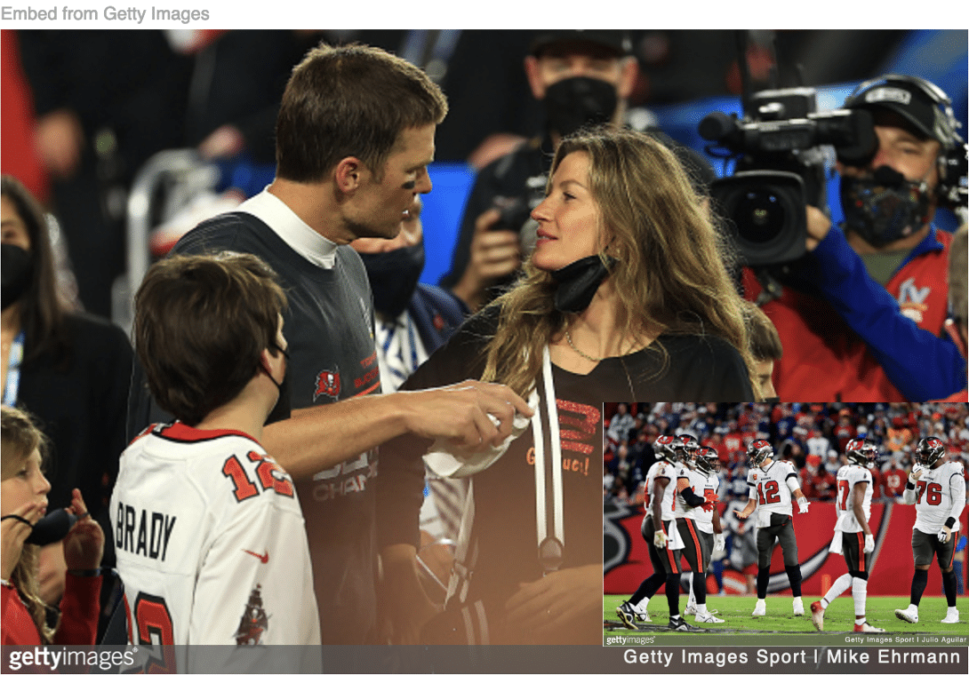 Tom and Gisele arguing after game on Football field and inset of Tom during game geturing to linesmen.