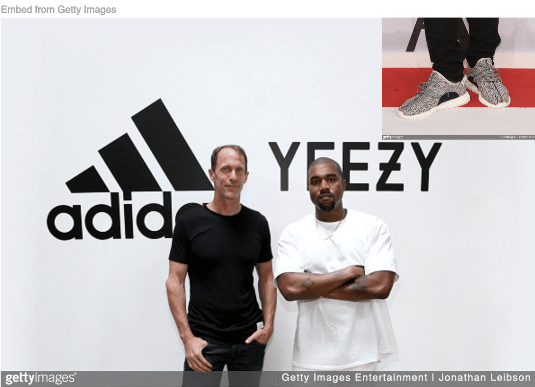 Kanye with Adidas partner with image of someone wearing his yeezy brand shoes inset.