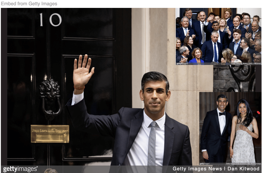 Rishi Sunak greeting media from No. 10 Downing Street as first non-White prime minister.