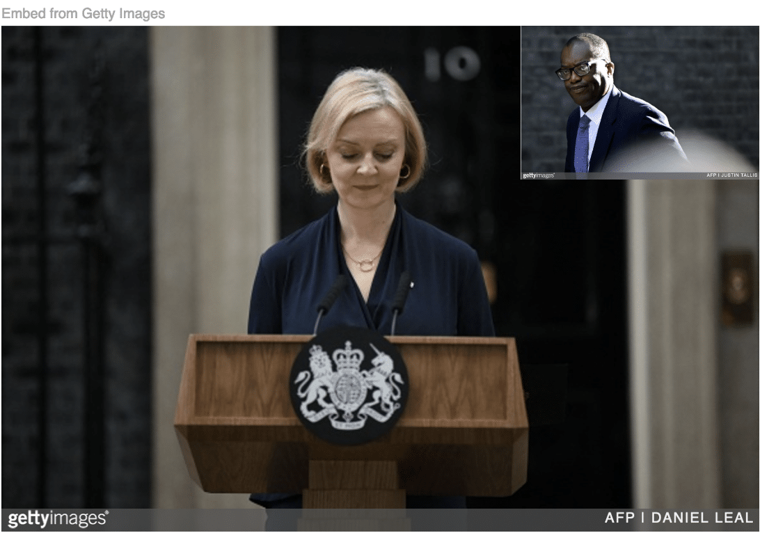 Liz Truss announcing her resignation with image of her sacked Chancellor inset.