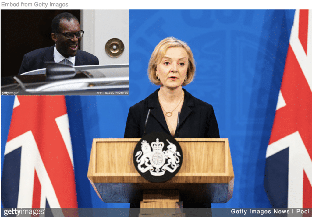 Liz Truss dumping old friend Kwasi Kwarteng as chancellor with image of dumped Kwarteng inset.