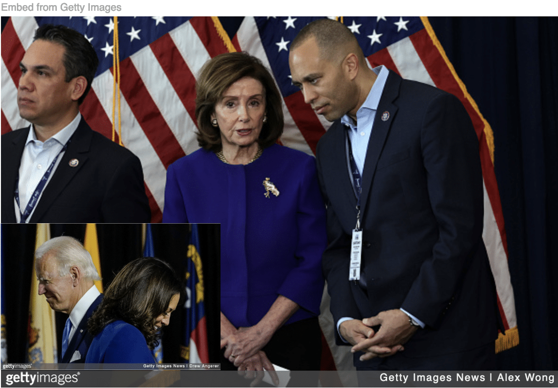 Pelosi and Jeffries looking cosy with Biden and Harris walking past each other.