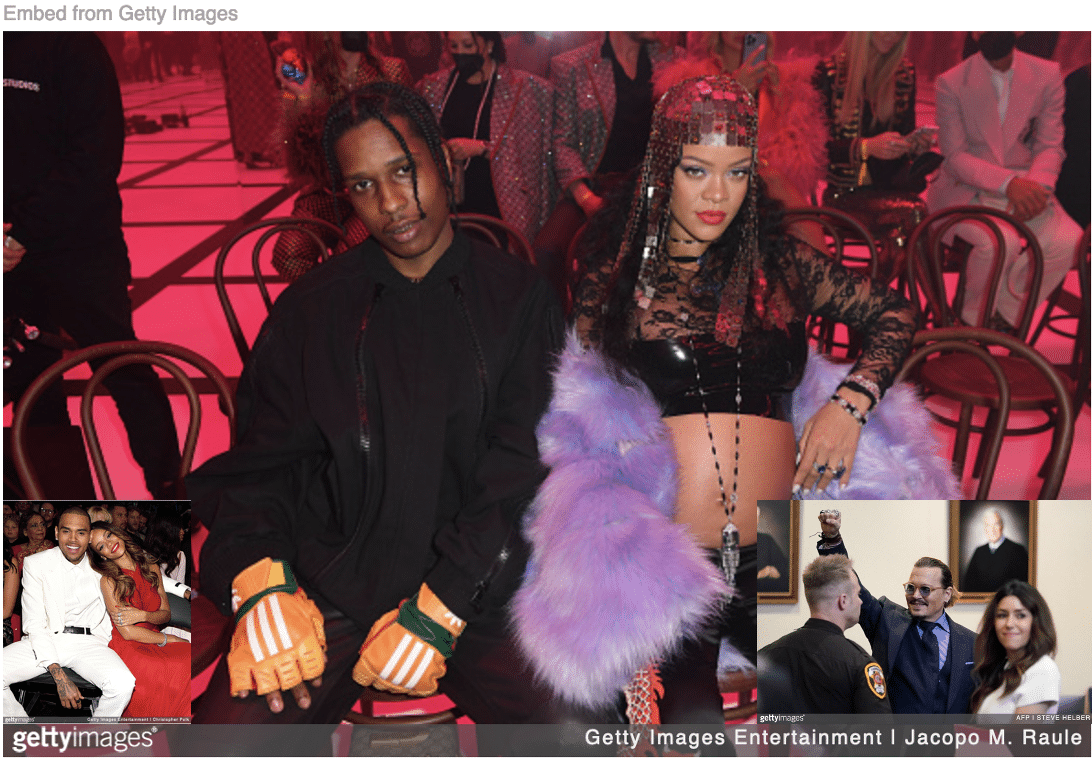 Rihanna with husband ASAP Rocky and with Chris Brown and image of Johnny Depp raising fist in triumph at trial both inset.