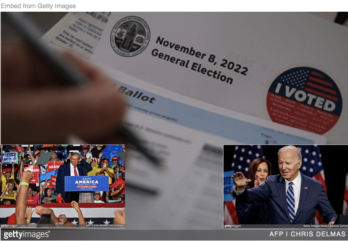 Image of November ballot and Trump and Biden at campaign rallies inset.