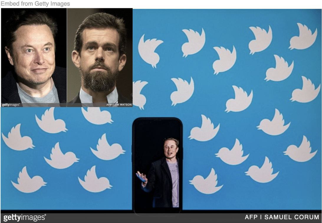Elon Musk with Twitter logo and side by side images of him and Jack Dorsey inset.