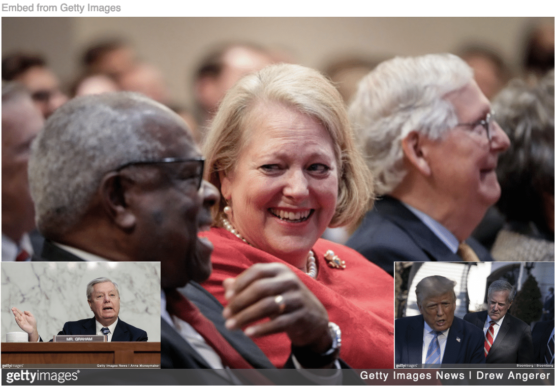 Clarence Thomas and wife laughing with image of Lindsay Graham and Mark Meadows inset.