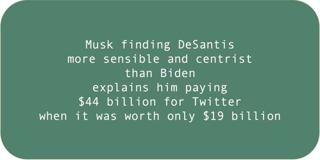 Musk finding DeSantis more sensible and centrist than Biden explains him paying $44 billion for Twitter when it was worth only $19 billion.