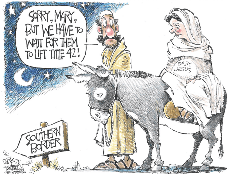cartoon of Mary and Joseph being denied entry at the inn