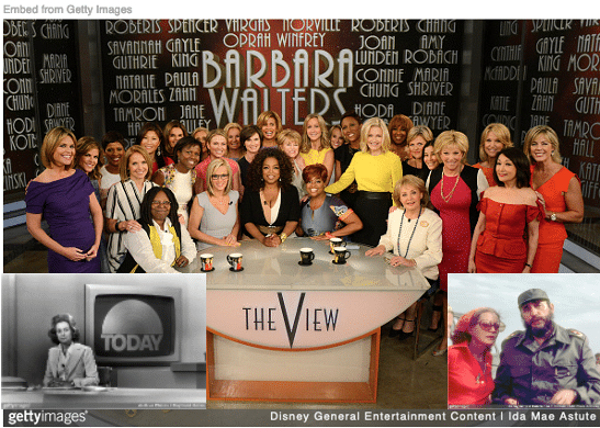 Barbara Walters with all women she influenced on set of view and image of her early days on Today Show and with Fidel Castro inset
