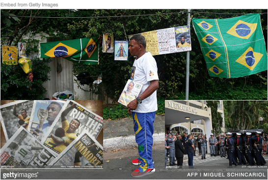 A man paying homage to Pele with image of front pages on his death and military guard carrying his casket inset.