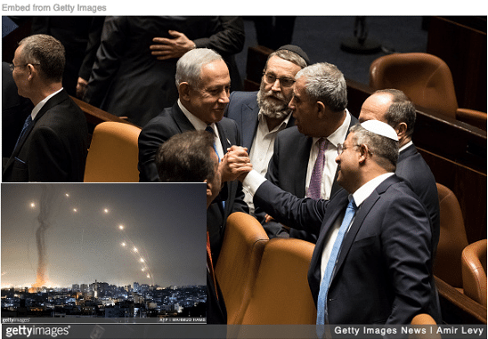 Netanyahu shaking hands with right-wing members of his new government with image of Palestinian rockets launching towards Israel.