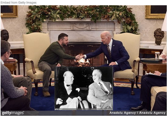 Zelensky and Biden sitting in the Oval Office with Churchill and FDR sitting inset