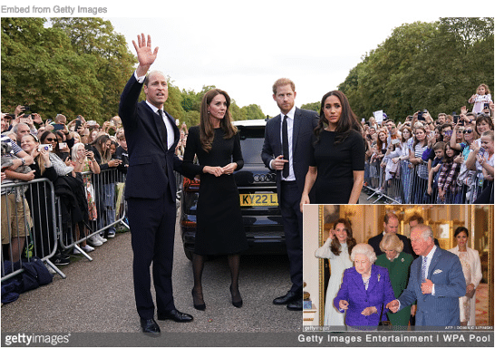 William, Kate, Harry, and Meghan on walkabout after queen's death. Royal family inset.