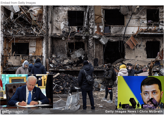 Bombed-out rubble in Ukraine with Biden signing order to send Patriot missiles and Zelensky inset