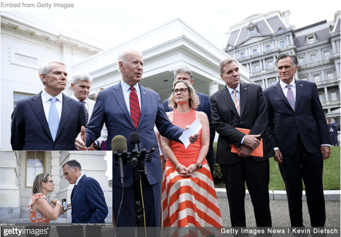 Sen. Kyrsten Sinema standing outside the White House with Biden and bipartisan group of senators and with Mitt Romney inset.
