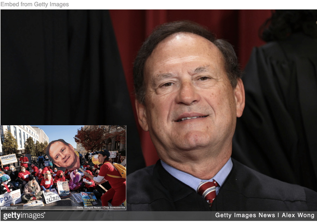 Justice Samuel Alito sitting for class photo and people protesting him inset