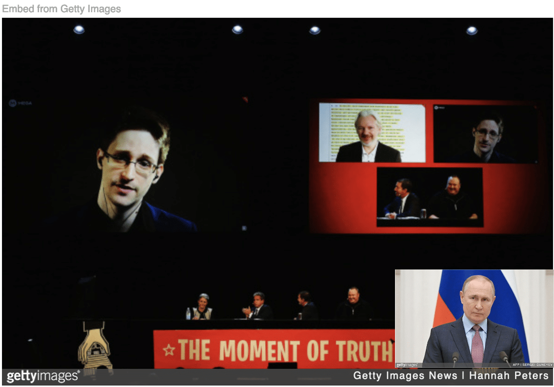 Snowden addressing crowd via video link with disapproving-looking Putin inset.