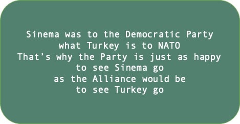 Sinema was to the Democratic Party what Turkey is to NATO. That’s why the Party is just as happy to see Sinema go as the Alliance would be to see Turkey go.